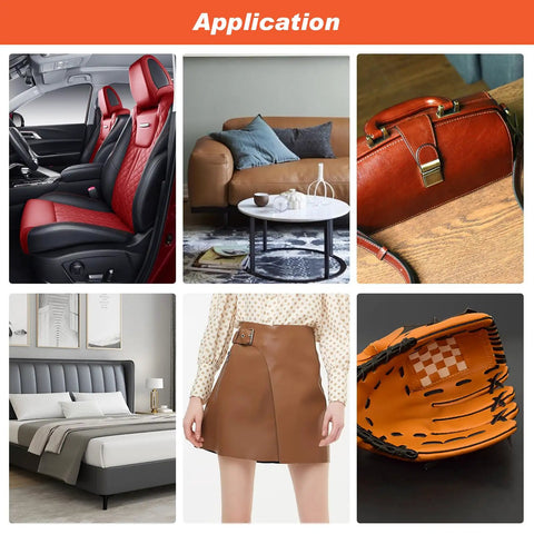 Collage showcasing Heavy Duty Leather Filler And Repair Paste 4.5 Oz used on sofas, car seats, handbags, and clothing.