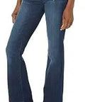Woman wearing Women's Dojo Flare Jeans In Dian Wash With Stretch Denim, Signature Back Pockets, And All Day Comfort, Premium Blue Jeans