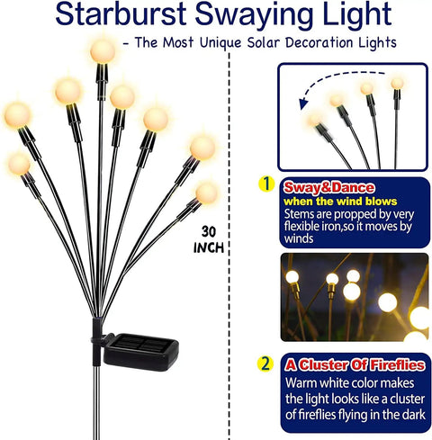Six Pack Solar Garden Lights With Swaying Wind Powered Motion Warm White Outdoor Yard Pathway Patio Decoration, flexible iron wire and warm bulbs