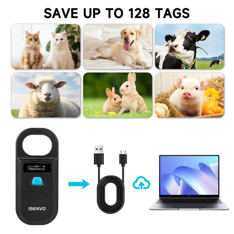 Rechargeable Pet Microchip Scanner RFID EMID Reader 134 2kHz And 125kHz Chip Detector, animals, USB cable, laptop shown
