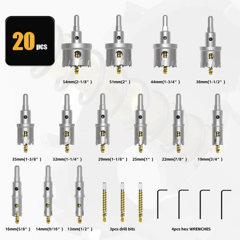 20 In 1 Carbide Hole Saw Kit For Metal Includes 13mm To 54mm Bits Covering One Half Inch To Two And One Eighth Inch With Titanium Pilot Drills And L Wrenches In Aluminum Case Heavy Duty TCT Hole Cutters For Stainless Steel Iron And Aluminum