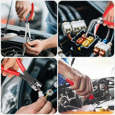4-Piece Auto Electrical Disconnect Pliers Set With Storage Box for safe push tab connectors in engine bay close-up