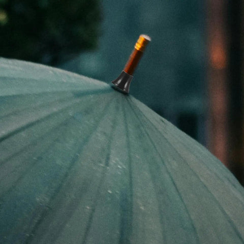 Top Shelf Black Plastic Umbrella Tip Protector Caps For Long Handle Canes And Patio Parasols on a green umbrella canopy.