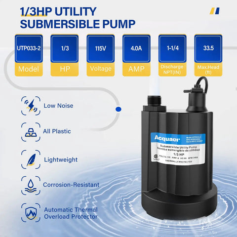 One Third HP Submersible Water Pump 2160 GPH Portable Sump Pump For Basement Drainage with thermoplastic body label