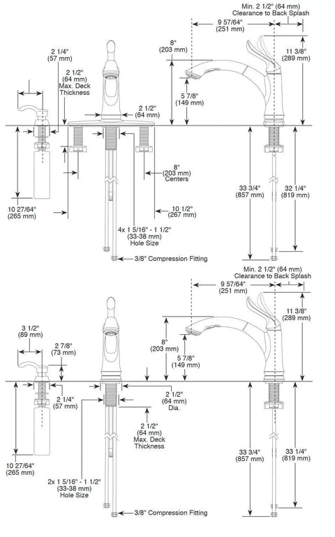 Technical diagram of Linden Single Handle Kitchen Sink Faucet With Pull Out Sprayer In Chrome Finish Fits 1 Or 3 Hole 8 Inch Centers
