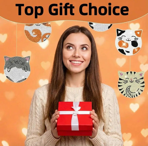 Woman holding gift box with Six Cat Diamond Painting Coaster Kit Set With Double Tools For Adults And Kids DIY Diamond Art Crafts displayed.