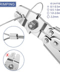 100Ft Wire Rope Crimping Tool Kit With 304 Stainless Steel Cable 7x7 Strand Core 1.5mm, crimping tool close-up of jaws and cable