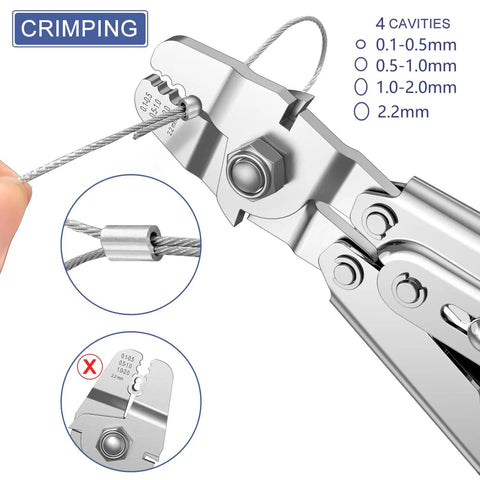 100Ft Wire Rope Crimping Tool Kit With 304 Stainless Steel Cable 7x7 Strand Core 1.5mm, crimping tool close-up of jaws and cable