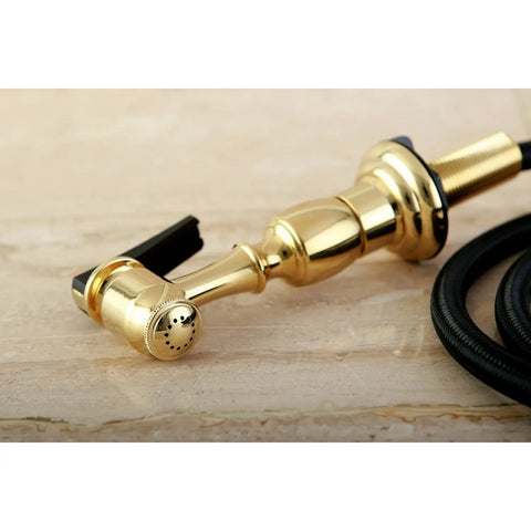 Kitchen Faucet Sprayer With Hose In Polished Brass, 60 Inch Grey Braided PVC Hose, One Touch Button Control close-up on beige surface