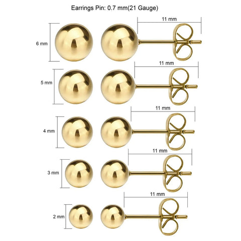 316L Surgical Stainless Steel Ball Earrings For Women Round Ball Stud Ear Jewelry Hypoallergenic Nickel Free Comfortable Durable Everyday Wear Long Lasting Shine, 2-6 mm gold studs
