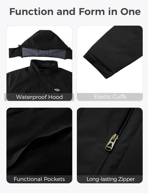 Big And Tall Mountain Ski Jacket For Men Waterproof And Windproof Snow Coat with hood, cuffs, pockets, and zipper details