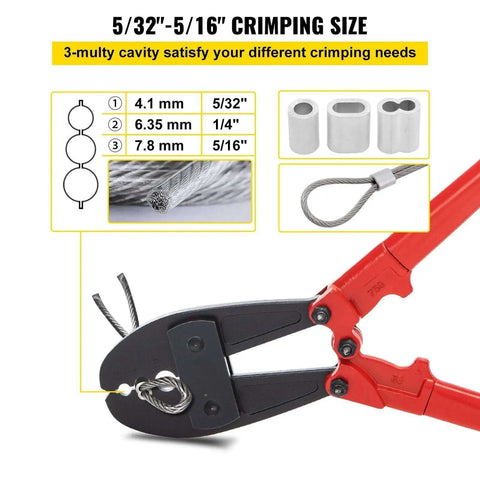 Heavy Duty Wire Rope Crimping Tool with 30 Inch Long Handle for 5/32, 1/4, 5/16 Inch Sleeves, Swager Crimper, Alloy Steel Construction
