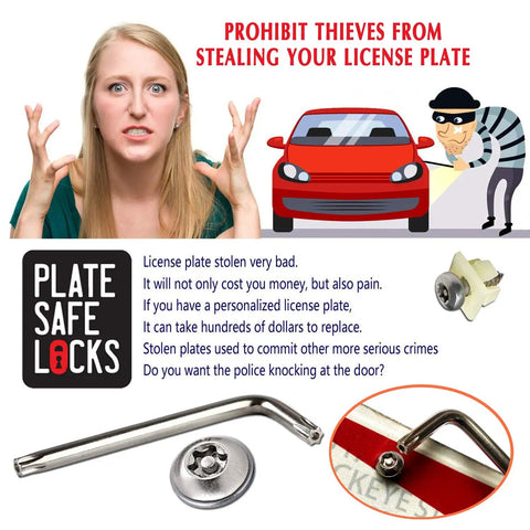 Anti Theft License Plate Screws Set In Rust Proof Stainless Steel With Tamper Resistant Locking Heads For Front Or Rear Plates M6 Self Tapping Bolts Chrome Caps And Nuts Included One Quarter Inch Drive displayed with security warning and tools