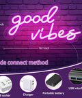 Good Vibes Pink Neon Sign With Dimmable USB Power Ultra Bright LED Wall Light For Bedroom And Home Bar Retro 70s Vibe Mood Decor 16.1 by 8.3 Inches Neon Light For Fun Atmosphere against brick wall with USB power options shown below