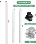 Table Saw Sled Kit with 2 UHMW Bars, 2 Aluminum T-Tracks, adjustable knob, and screws for crosscuts and repeat length cuts.