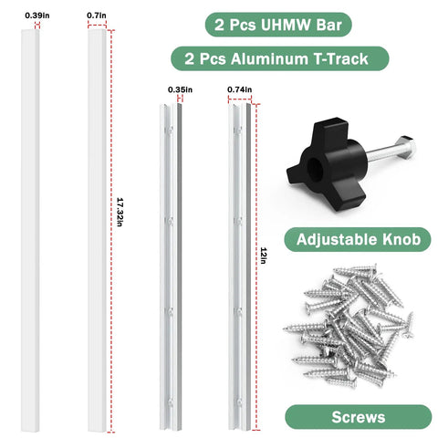 Table Saw Sled Kit with 2 UHMW Bars, 2 Aluminum T-Tracks, adjustable knob, and screws for crosscuts and repeat length cuts.