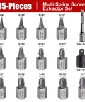 Fifteen Piece Screw Extractor Set For Stripped Bolts And Rusted Screws With Three Eighths Inch Drive Hex Head Multi Spline Design