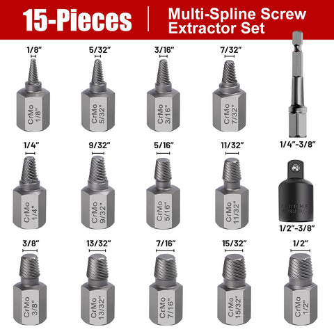 Fifteen Piece Screw Extractor Set For Stripped Bolts And Rusted Screws With Three Eighths Inch Drive Hex Head Multi Spline Design