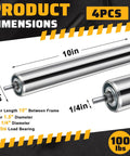 4 Pack 10 Inch Beefy Galvanized Steel Conveyor Rollers with 1.5 Inch Diameter and 1/4 Inch Axle for Roller Stands