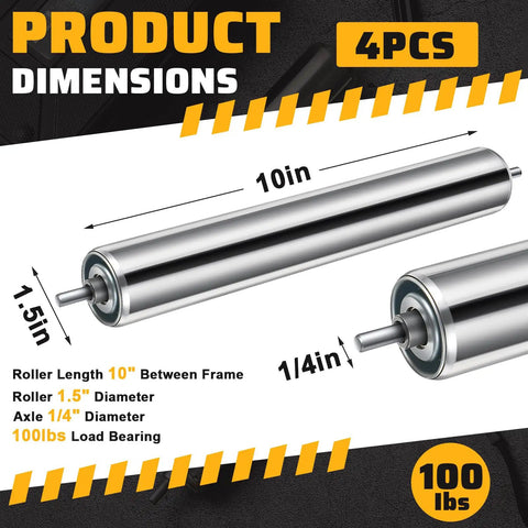 4 Pack 10 Inch Beefy Galvanized Steel Conveyor Rollers with 1.5 Inch Diameter and 1/4 Inch Axle for Roller Stands