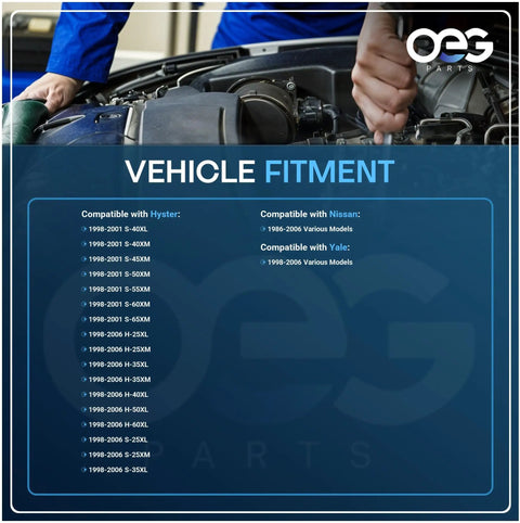 Mechanic checking engine with vehicle fitment list for forklift starter Hyster Yale Mitsubishi trucks