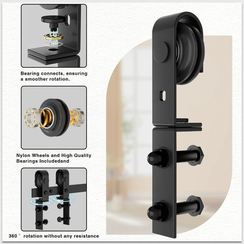 Detailed view of Bi-Folding Sliding Barn Door Hardware Kit with nylon wheels and bearings, ideal for 40 inch rail low ceiling use.