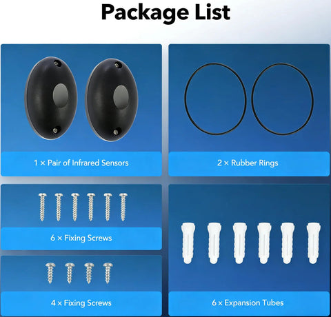 Package contents of Infrared Photocell Beam Sensor for Automatic Swing Gates and Garage Doors, including sensors, screws, and tubes