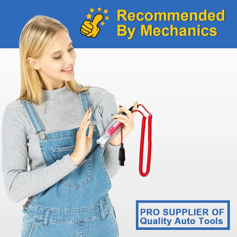 Woman holding Beast Of A Heavy Duty 3 To 48V Digital LCD Circuit Tester with spring wire and stainless probe