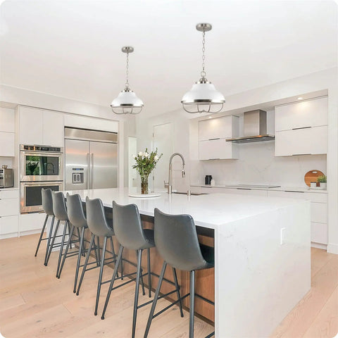 Bright kitchen with Ezra 14 Inch 3 Light Modern Pendant Light With White Metal Shade And Brushed Nickel Finish over island