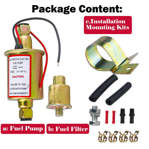 Electric Fuel Pump 5-9 PSI 12V DC 30 GPH For Gasoline And Diesel Carburetor Engines Universal Fit For Car Truck Boat Generator Two Wire Design Model E8012S FD0002 P60430 6414671 with installation kit and fuel filter components