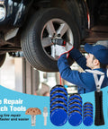 Mechanic using Heavy Duty Tire Patch Kit With 32mm, 45mm And 58mm Patches, Patch Roller, 42mm Buffing Wheel for tire repair.