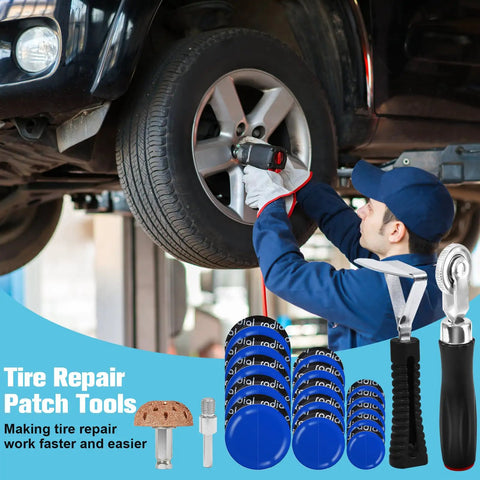 Mechanic using Heavy Duty Tire Patch Kit With 32mm, 45mm And 58mm Patches, Patch Roller, 42mm Buffing Wheel for tire repair.