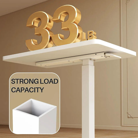 Total Game Changer Over Bed Table With Smooth Rolling Casters And No Sweat Pneumatic Height Adjustment Super Spacious Work Surface showing 33 lbs load capacity on white tabletop.