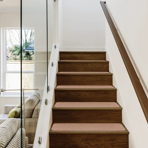 No Slip Carpet Stair Treads Set Of 15 Pebble Beige 8 Inches By 30 Inches With Skid Resistant Rubber Backing installed on wooden stairs