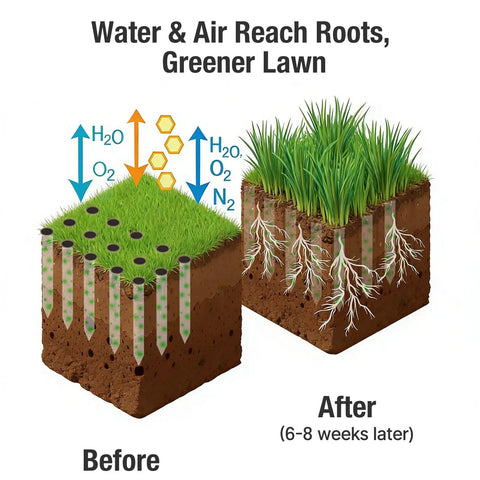 Soil aeration before and after using Step Through Lawn Aerator Tool With Full Foot Pedal displaying improved root growth.