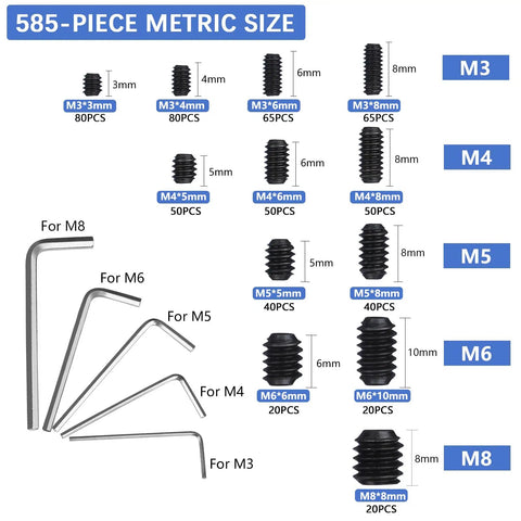 585Pcs Metric Allen Set Screws Kit In Alloy Steel Built Tough For M3 M4 M5 M6 M8 Internal Hex Drive Cup Point Screws