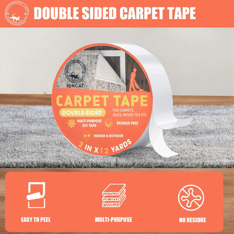 Heavy Duty Double Sided Carpet Tape For Rugs And Carpets, 2 Inch by 12 Yard Roll, displayed with easy peel label and rug illustration.