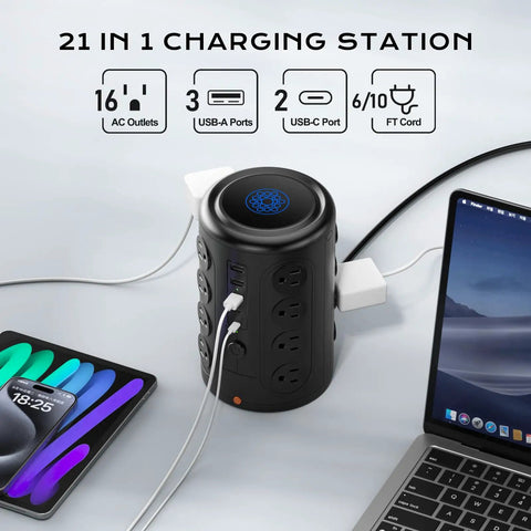 Ultimate Power Tower Surge Protector With 16 Outlets And 5 USB Ports Including 2 USB C 10 Ft Cord 1875W 2000J Charging Station