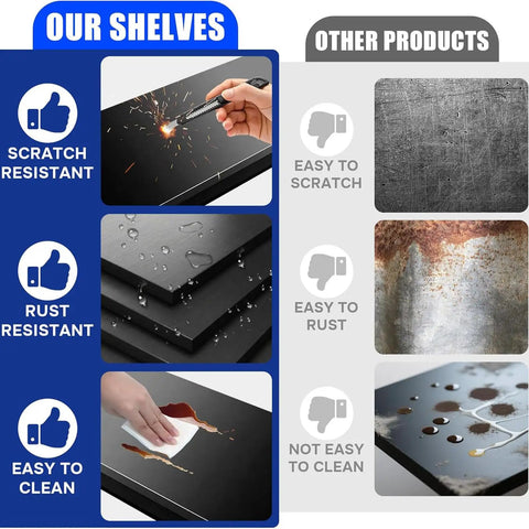 Comparison chart showing durability features of Heavy Duty Garage Shelving System 63 Inch Tall Adjustable Steel Standing Shelves.