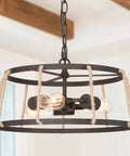 Farmhouse Bronze Drum Chandelier With Hemp Rope, 3 Light Dining Room And Kitchen Island Lighting, open wire cage style