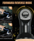 20V Cordless Electric Ratchet Wrench Kit With 3 Eighth Inch Drive Beefy 400 RPM Torque 45 Ft-Lbs LED Light Dual Batteries Fast Charger Sockets Adapters Extension Bars Yellow Housing showing forward/reverse mode