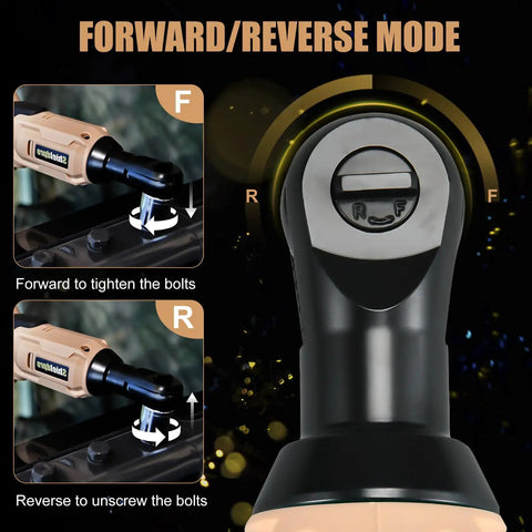 20V Cordless Electric Ratchet Wrench Kit With 3 Eighth Inch Drive Beefy 400 RPM Torque 45 Ft-Lbs LED Light Dual Batteries Fast Charger Sockets Adapters Extension Bars Yellow Housing showing forward/reverse mode