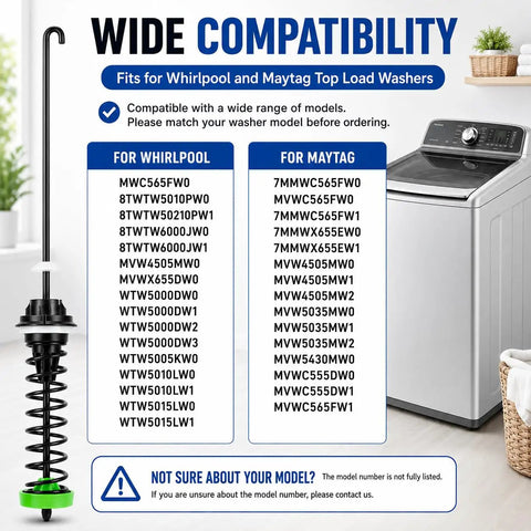 Heavy Duty Suspension Rod Kit For Top Load Washers compatibility chart for Whirlpool and Maytag models, featuring part numbers.