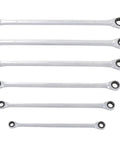 Hard Working 6 Piece Metric Double Box End Ratcheting Wrench Set With Universal Spline Heads And Slick Chrome Vanadium Finish tools stacked.