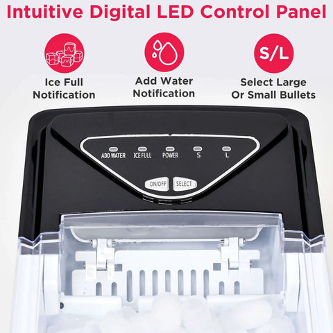 Compact Countertop Ice Maker With Fast Ice Production Delivers 26 Lbs Of Ice Per Day For Your Home Bar Kitchen Dorm Office On Demand In A Sleek Black Stainless Finish featuring digital LED panel with controls.