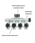 Beefy Aluminum Four Way Garden Hose Splitter With Built In Shut Off Valve Rock Solid Metal Water Manifold For Sprinklers Nozzles And Attachments Heavy Duty Outdoor Water Splitter, 4-way metal hose splitter