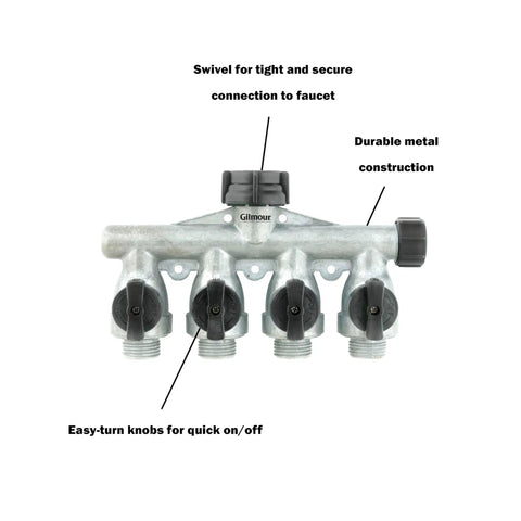 Beefy Aluminum Four Way Garden Hose Splitter With Built In Shut Off Valve Rock Solid Metal Water Manifold For Sprinklers Nozzles And Attachments Heavy Duty Outdoor Water Splitter, 4-way metal hose splitter