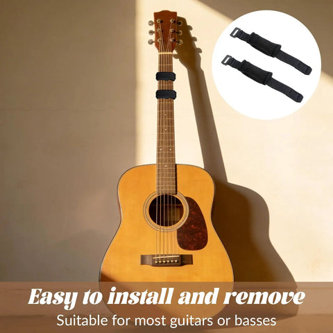 Acoustic guitar with 2 Pack Guitar String Dampener Set With Fret Mutes and Bass Muffler Silencer Damper, adjustable straps shown.