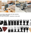 All Purpose Oscillating Tool Blades Kit, 26Pcs High Carbon Steel Universal Set displayed with tools cutting wood and cement