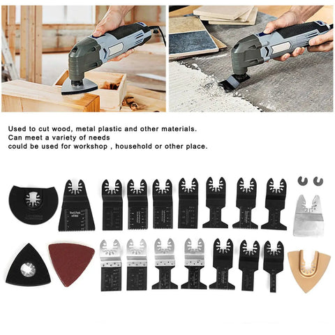 All Purpose Oscillating Tool Blades Kit, 26Pcs High Carbon Steel Universal Set displayed with tools cutting wood and cement